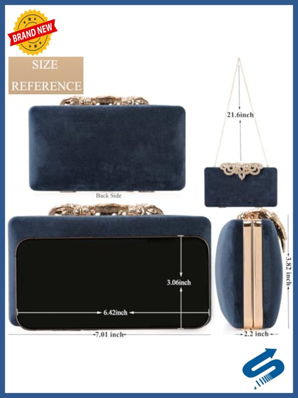 Crystal Crown Clasp Faux Suede Evening Clutch With Removable Chain - Picture 3 of 6